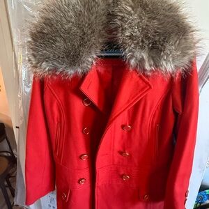Guess Red Coat with Faux Fur Collar